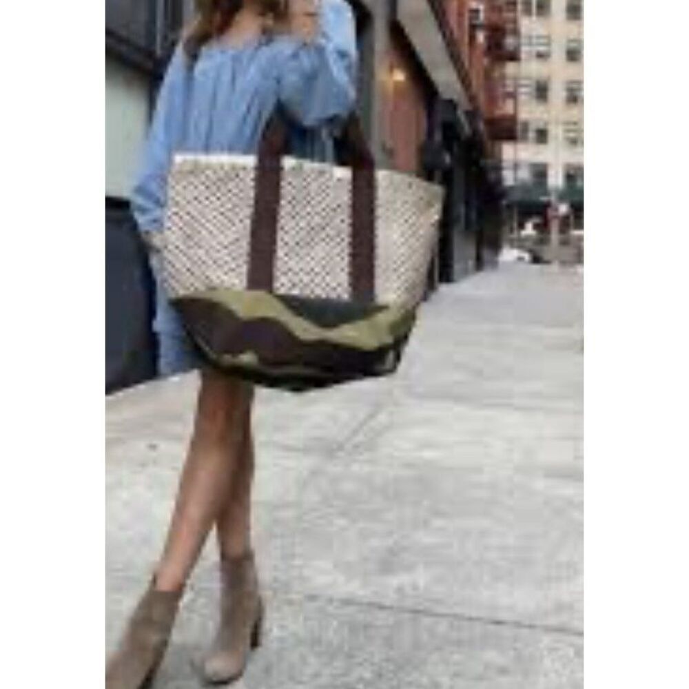 Anthropologie Latico Greta Leather Canvas Tote Bag Purse Beach Camo Gold Brown
